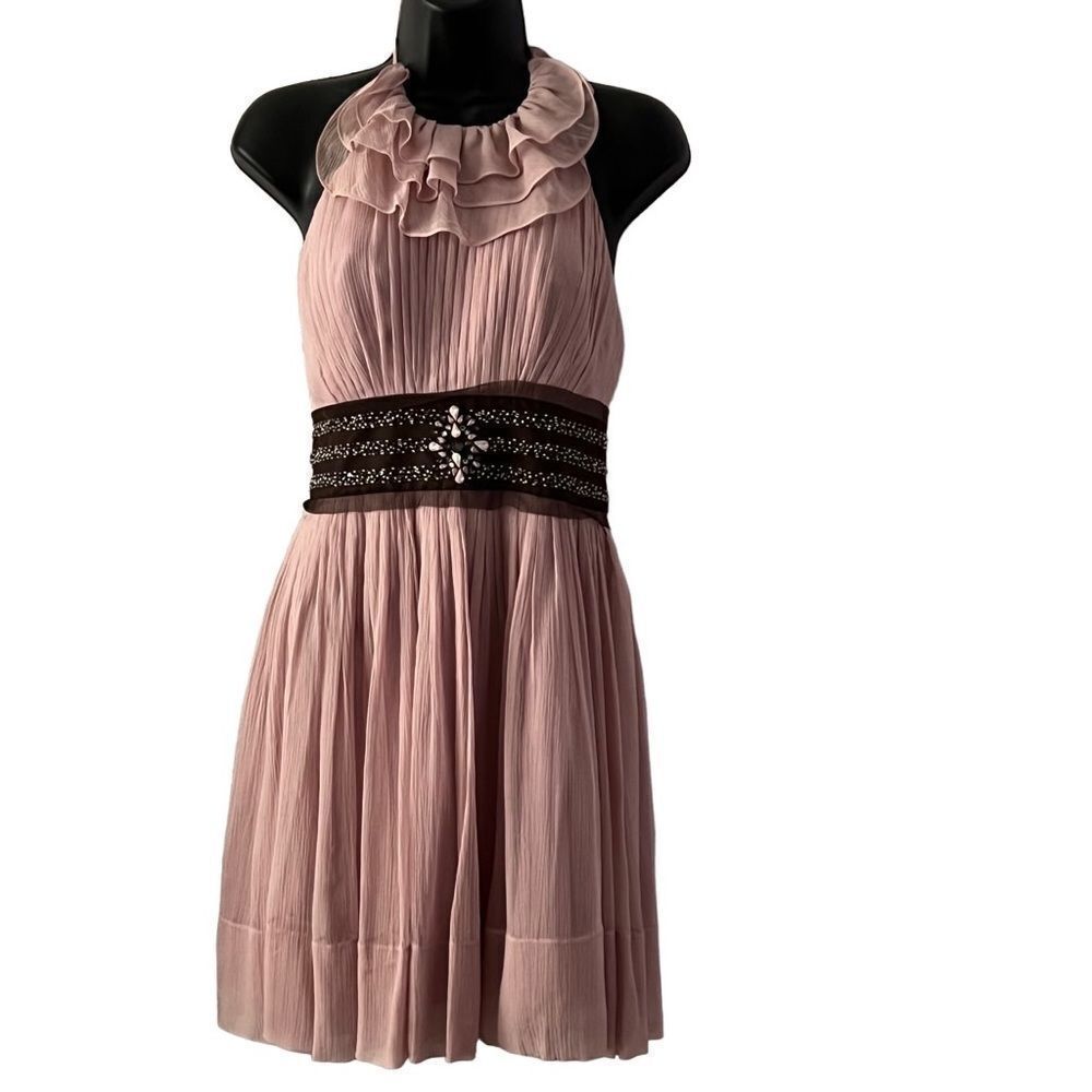 Bcbgmaxazria Rose Silk Ruffle Halter Tearose Pink Dress Beaded Tulle Belt 2 Xs